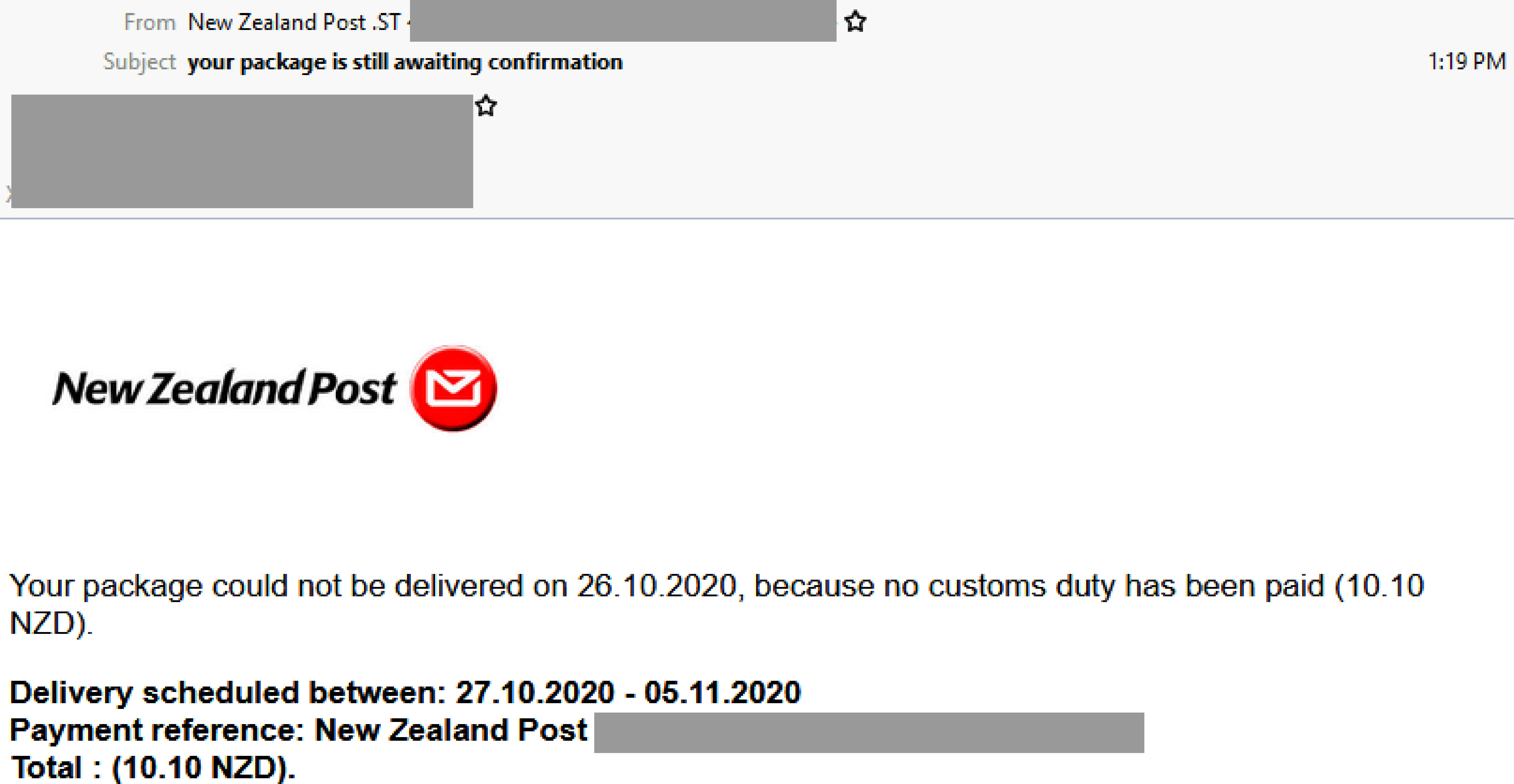 Another package delivery scam Phishing email impersonating New Zealand